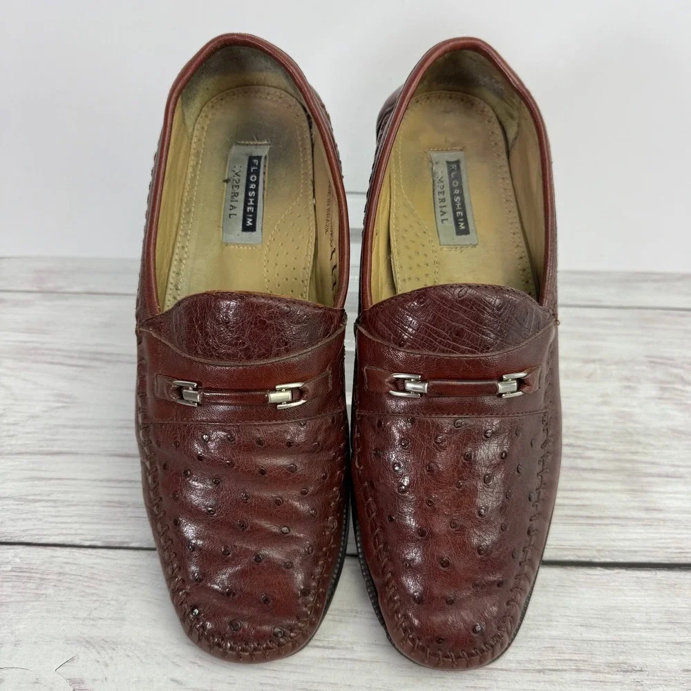 Florsheim Imperial Mens Ostrich Leather Exotic Dress Shoes 9EEE Brown Cap ToeVTG
